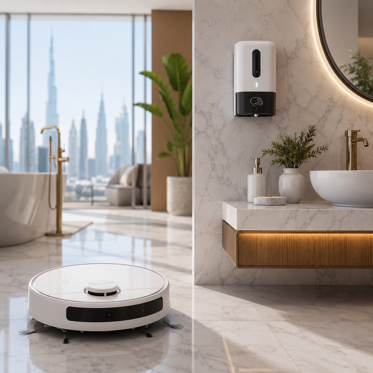 Smart robotic vacuum sweeper cleaning marble floor and touchless wall-mounted automatic soap dispenser - OOLYUT UAE