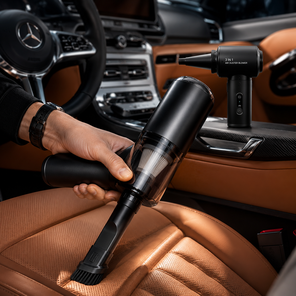 Handheld wireless car vacuum cleaner detailing luxury SUV leather seats with 3-in-1 air duster - OOLYUT UAE
