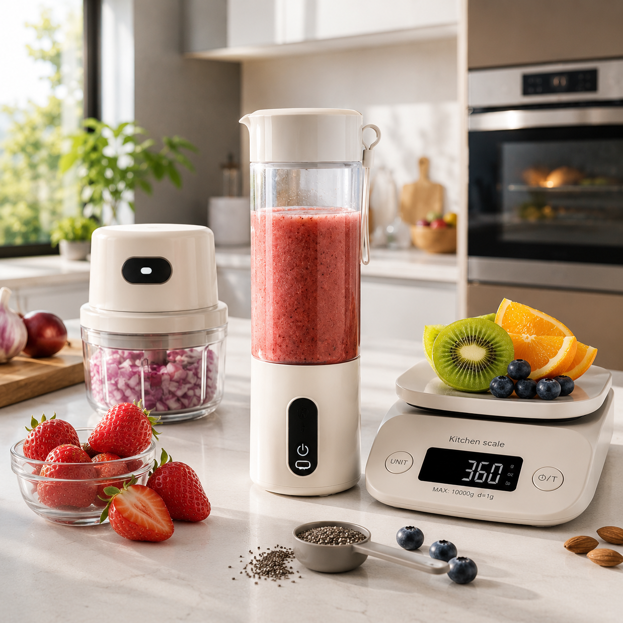 Portable rechargeable juicer blender bottle with fresh fruit smoothie on a modern kitchen countertop - OOLYUT UAE