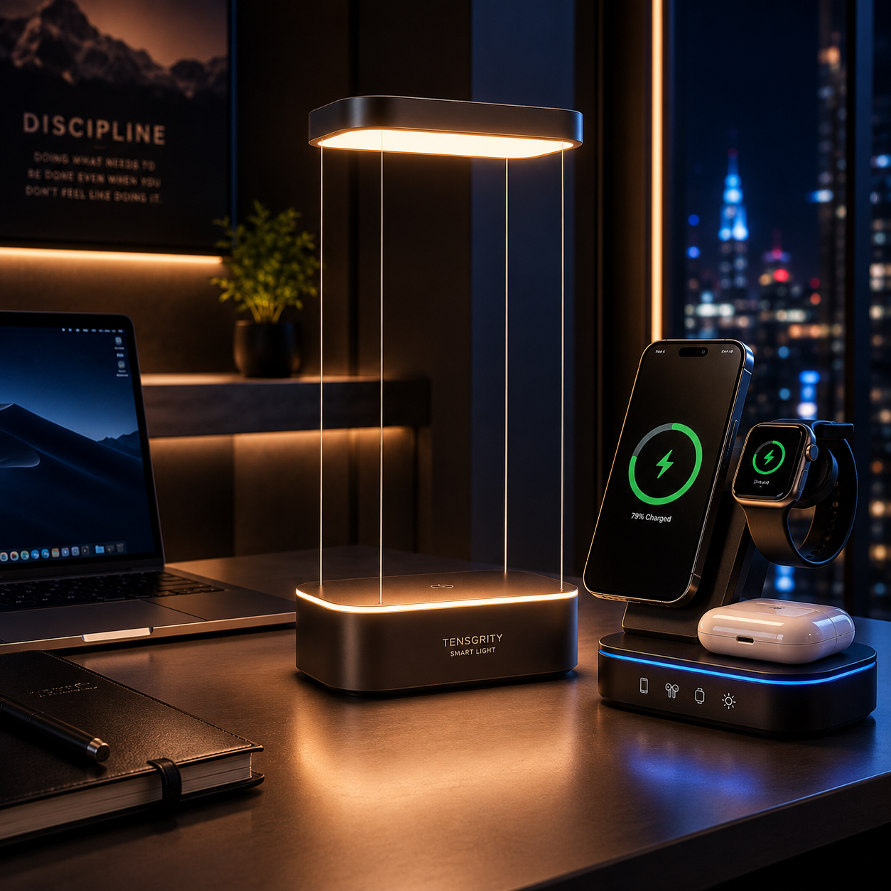 Floating tensegrity smart LED desk lamp next to a 5-in-1 wireless charging station dock - OOLYUT UAE