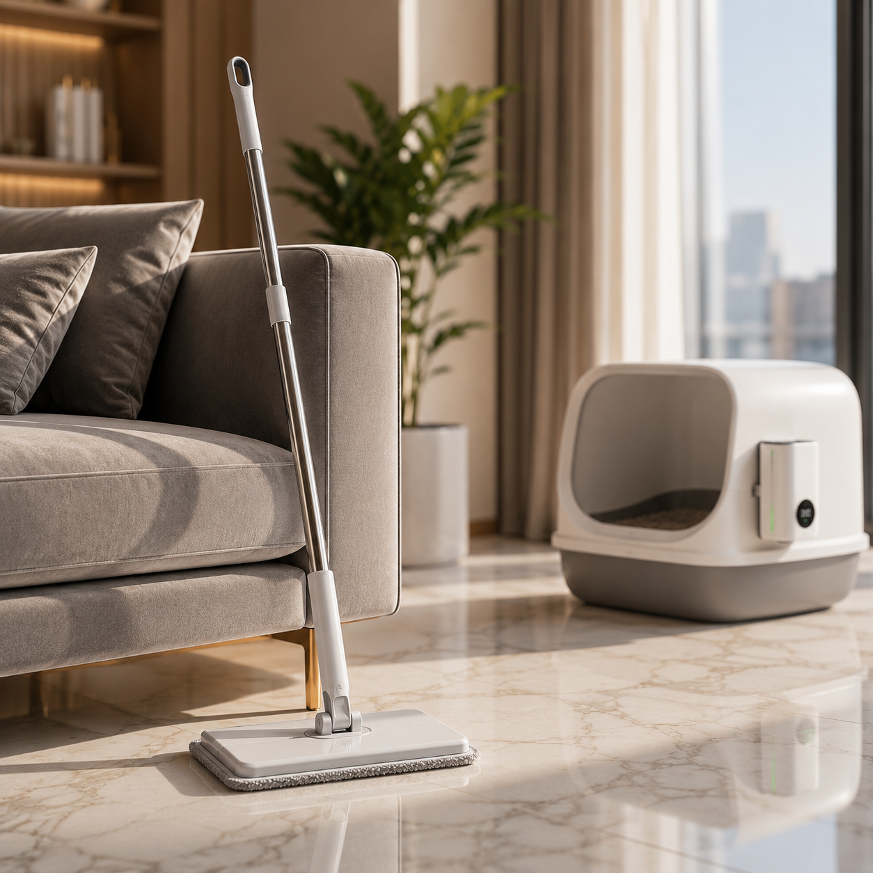 Modern microfiber spin mop and high-tech smart pet deodorizer in a luxury living room - OOLYUT UAE