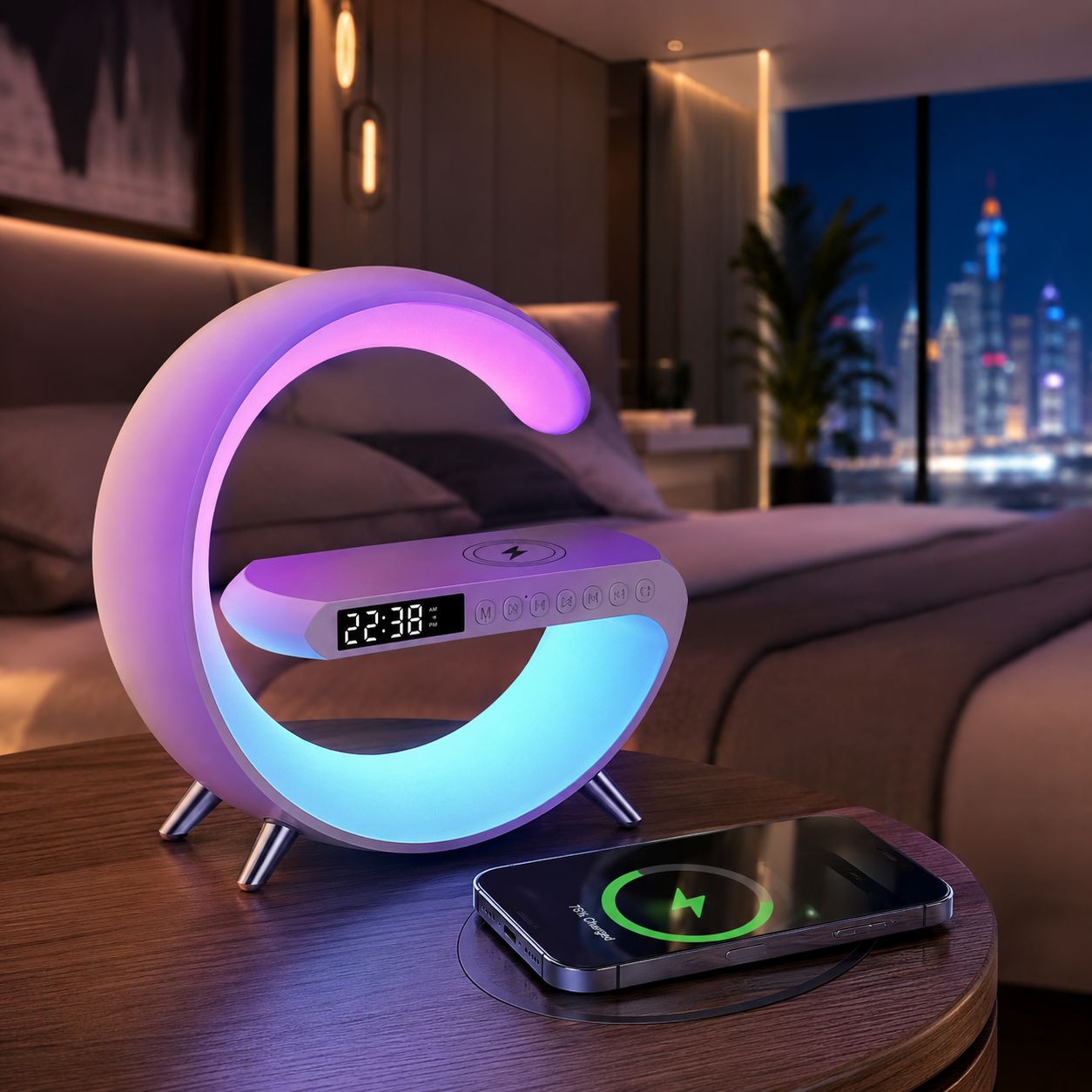 G-Shape intelligent atmosphere LED lamp with bluetooth speaker and wireless phone charger on a modern nightstand - OOLYUT UAE