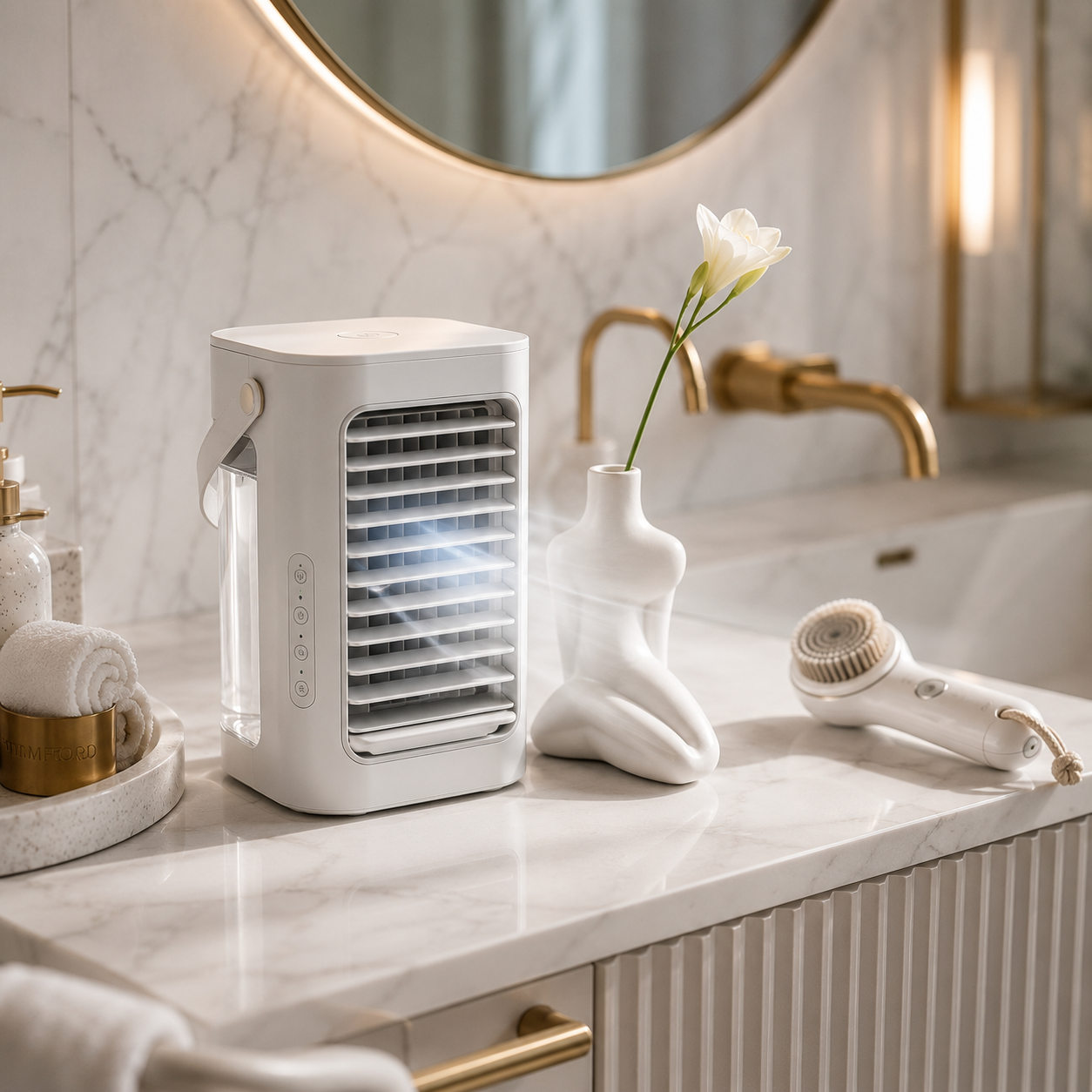 White portable rechargeable air cooler fan and minimalist ceramic human body vase in a luxury marble bathroom - OOLYUT UAE
